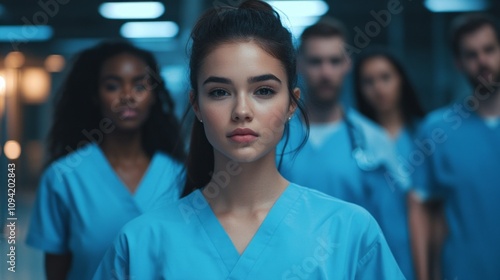 A group of people in blue scrubs are standing in a room