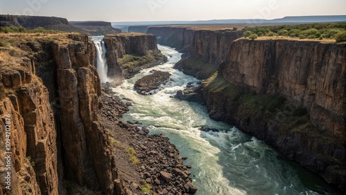 River plunges into deep and narrow gorge, outdoors, natural, plunge, water