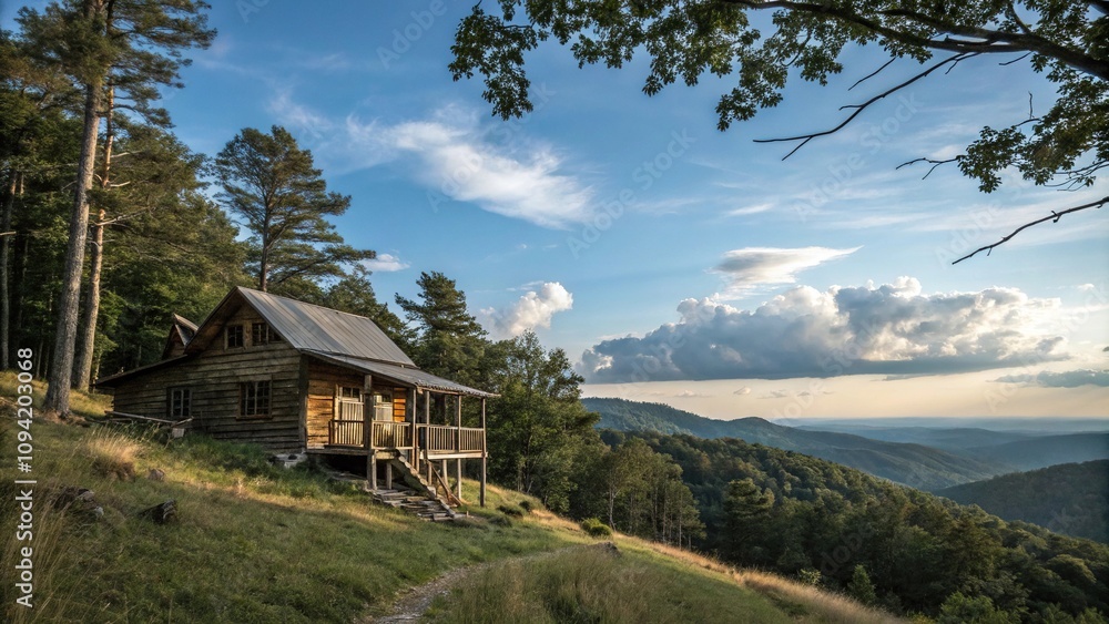 Rustic wooden cabin on a hilltop surrounded by dense forest with a brilliant blue sky above and a few wispy clouds drifting lazily by, trees, peaceful Rustic wooden cabin on a hilltop surrounded by dense forest with a brilliant blue sky above and a few wispy clouds drifting lazily by, trees, peaceful