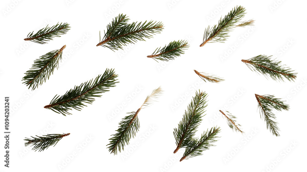 A delightful image of pine leaves gently cascading and floating in the air, isolated on a bright white background to emphasize their organic charm A delightful image of pine leaves gently cascading and floating in the air, isolated on a bright white background to emphasize their organic charm