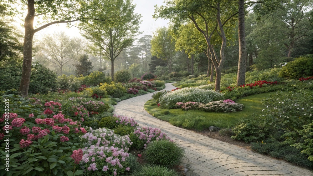 Serene blooming garden with a winding path, outdoor setting, nature scenery Serene blooming garden with a winding path, outdoor setting, nature scenery