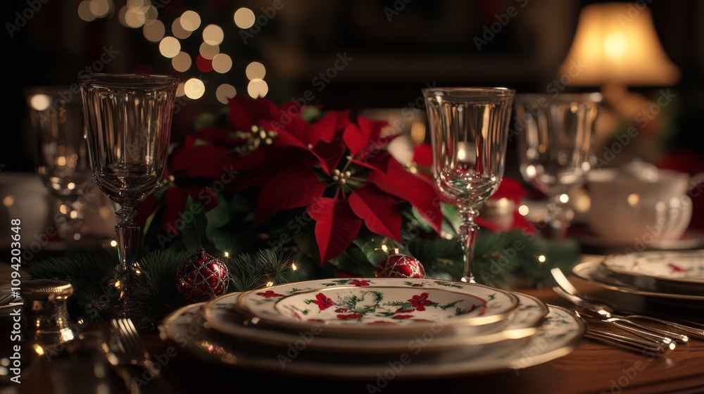 A festive holiday dinner table set for a Christmas meal with fine china, sparkling glassware, and a centerpiece of red poinsettias A festive holiday dinner table set for a Christmas meal with fine china, sparkling glassware, and a centerpiece of red poinsettias