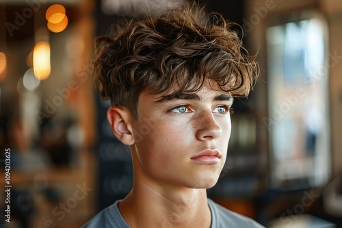 Close-up portrait of a young man with fashionable hairstyle and blue eyes, captured in a soft focus background setting, conveying contemplative and thoughtful emotions