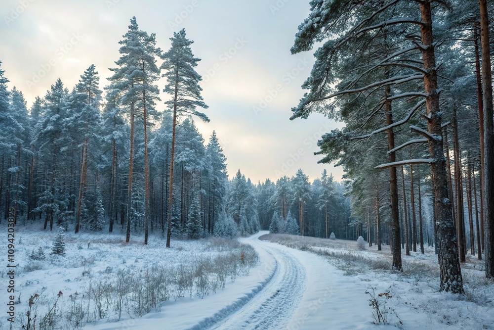 Snow-covered pine trees standing above the forest floor as a winter forest path winds through, frosty environment, evergreen forest, pine tree forest, serene woods Snow-covered pine trees standing above the forest floor as a winter forest path winds through, frosty environment, evergreen forest, pine tree forest, serene woods