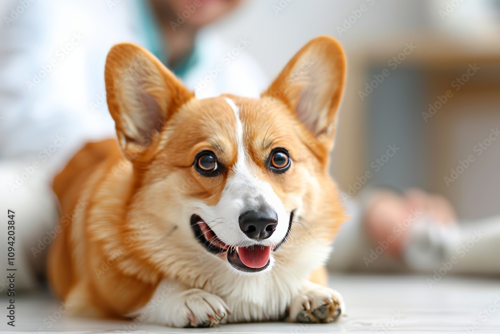 Corgi dog undergoing examination at veterinary clinic with male veterinarian in action Corgi dog undergoing examination at veterinary clinic with male veterinarian in action