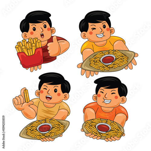 young man eating fries vector illustration