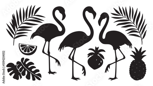 flamingos and tropical leaves. Flora and fauna.