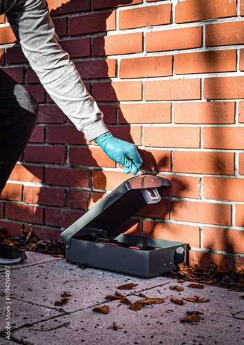 Pest controller opening a metal rat box to service it, outside a building 