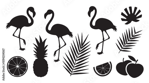 flamingos and tropical leaves. Flora and fauna.