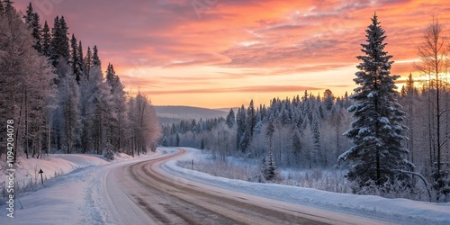 Snowy forest with vibrant sunrise colors and a winding road, winter wonderland, peaceful atmosphere, night sky, milky way, snow covered trees