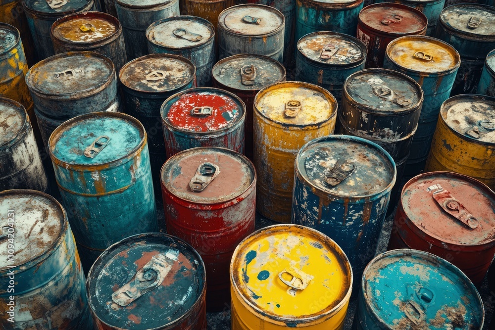 A collection of weathered industrial barrels in various colors, likely for storage or disposal. A collection of weathered industrial barrels in various colors, likely for storage or disposal.
