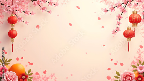 Chinese New Year Background with Cherry Blossoms and Lanterns. Concept of Spring Festival celebration.