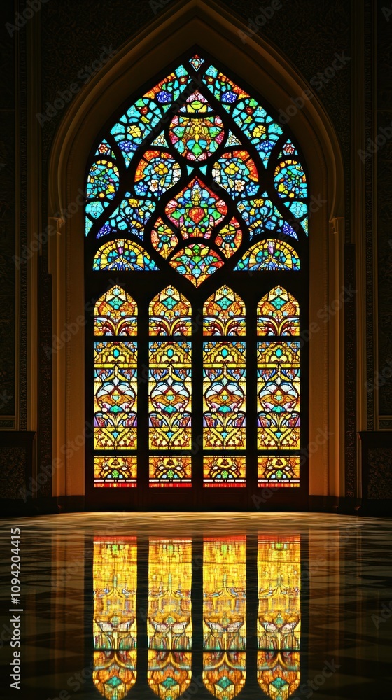 A vibrant stained glass window reflecting light in an ornate architectural setting. A vibrant stained glass window reflecting light in an ornate architectural setting.