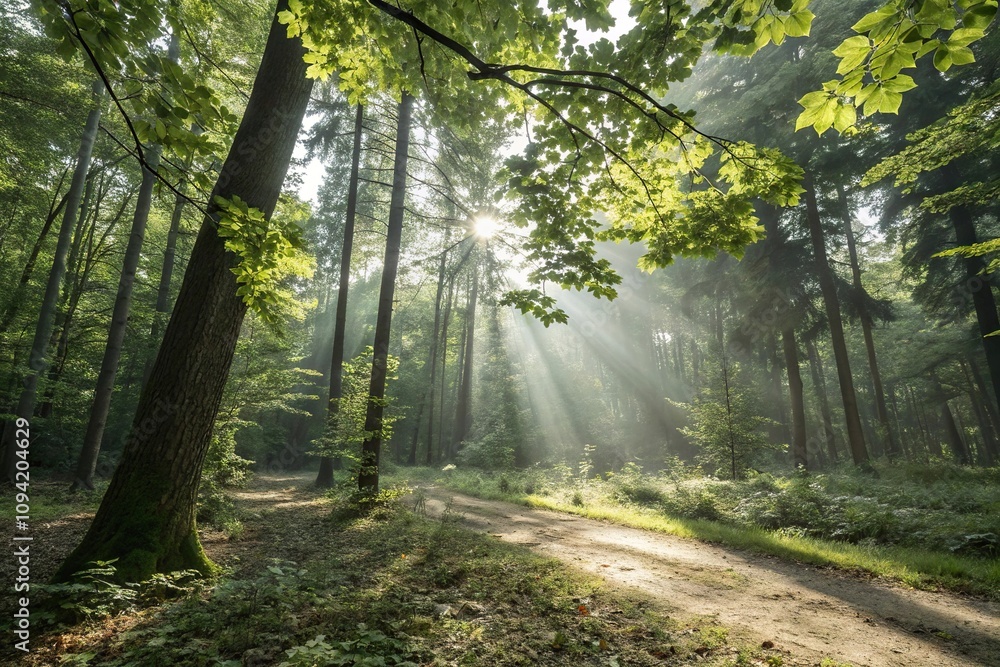Obraz premium Sunlight filtering through trees on a forest floor, foliage, nature, forest, trees