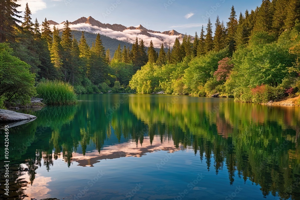 Fototapeta premium Tranquil Lake Scenes: A Collection of Serene Waters and Surrounding Flora