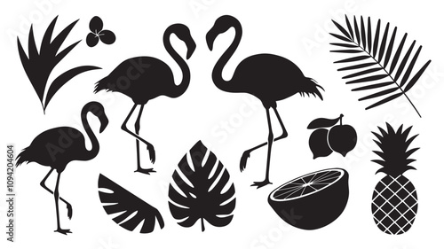 flamingos and tropical leaves. Flora and fauna.