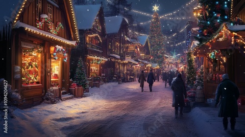 A snowy village street illuminated by Christmas lights, with people in winter coats walking by festive storefronts