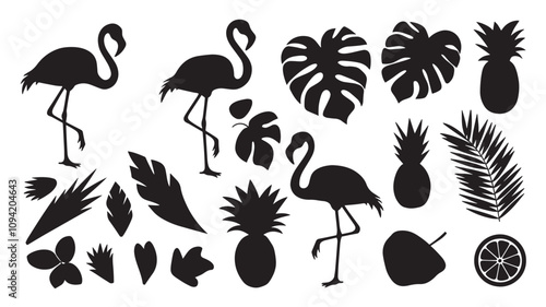 flamingos and tropical leaves. Flora and fauna.