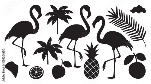flamingos and tropical leaves. Flora and fauna.