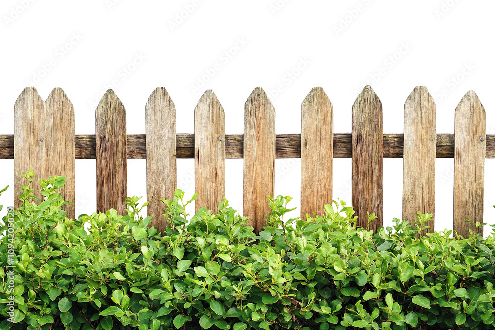 Naklejka premium A charming depiction of wooden fences adorned with lush shrubs, serving as beautiful garden decorations that enhance the natural beauty of the landscape