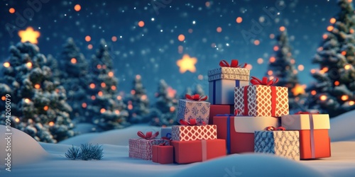 Wallpaper Mural A 3D cartoon Christmas scene showing a pile of gift boxes with varying patterns, sitting in front of a snowy forest with glowing stars in the sky Torontodigital.ca