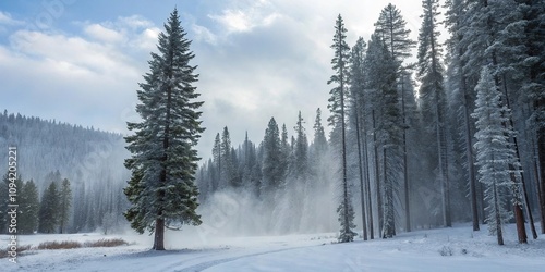 Tall pine trees covered in snow and mist rising from the forest floor, pine forests, , winter wonderland, evergreen forests, cold climate