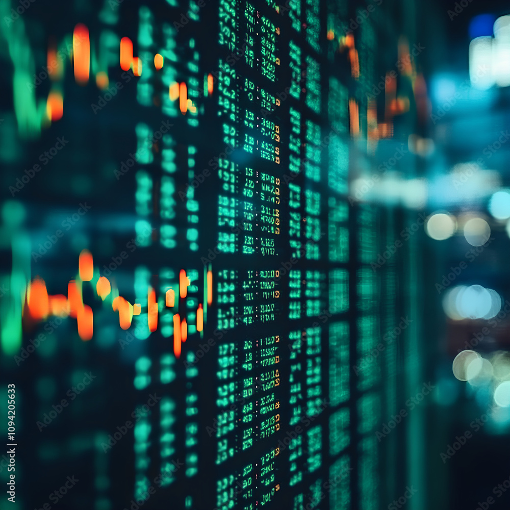 A vibrant display of a stock market chart, with fluctuating lines and data points against a backdrop of city lights. The image captures the dynamic and ever-changing nature of the financial market A vibrant display of a stock market chart, with fluctuating lines and data points against a backdrop of city lights. The image captures the dynamic and ever-changing nature of the financial market