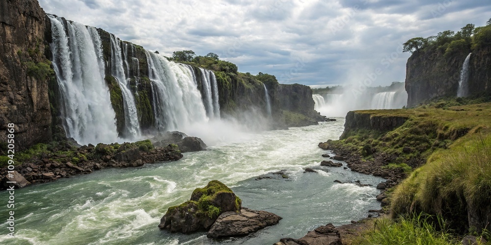 Fototapeta premium The sound of rushing water fills the air as the falls cascade down a steep rock face, waterfall, rock formation, noise, geology, rushing water
