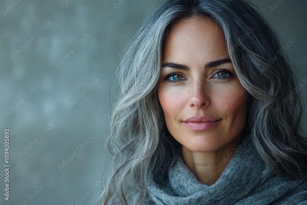 Naklejka premium Portrait of a woman with gray hair in a cozy scarf displaying a calm demeanor and gentle smile