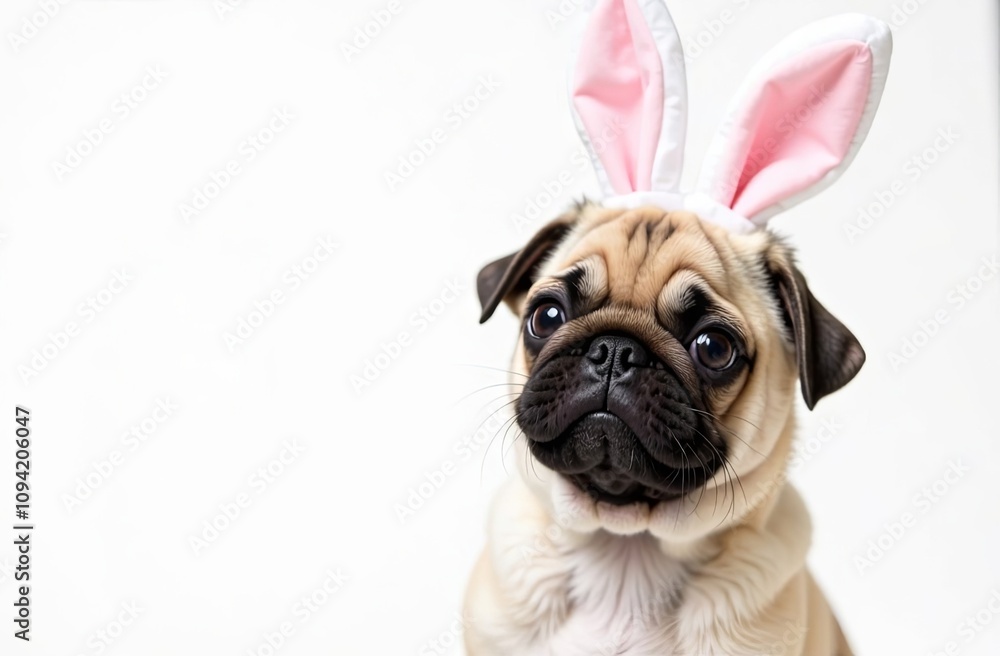 A cute pug puppy with a pink Easter bunny ears. Ideal for advertising a pet store, veterinary clinic, animal shelter. White background. Copyspace A cute pug puppy with a pink Easter bunny ears. Ideal for advertising a pet store, veterinary clinic, animal shelter. White background. Copyspace