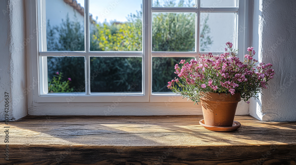 Window view featuring blooming flowers in a sunny garden setting near a rustic wooden sill Window view featuring blooming flowers in a sunny garden setting near a rustic wooden sill
