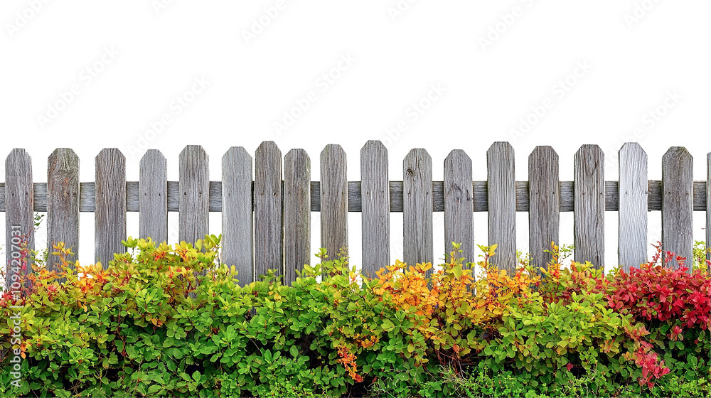 A vibrant depiction of wooden fences paired with bright shrubs, illustrating their beauty and charm as striking garden decorations in a serene landscape