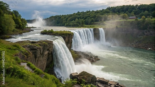 Water falls from the top of a cliff creating a stunning display of white water and spray, spray, outdoor, scenery, whitewater