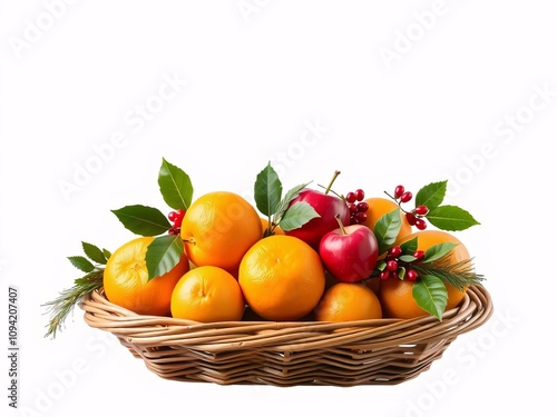 Festive christmas fruit basket arrangement modern kitchen food photography bright environment close-up holiday cheer