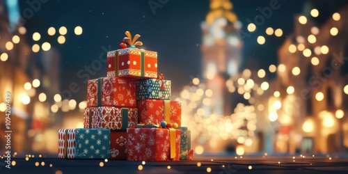 A stack of 3D cartoon Christmas gift boxes with playful patterns, set against a background of a grand city square decorated with Christmas lights