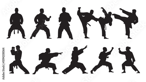 Silhouettes of positions of the karate. A collection.