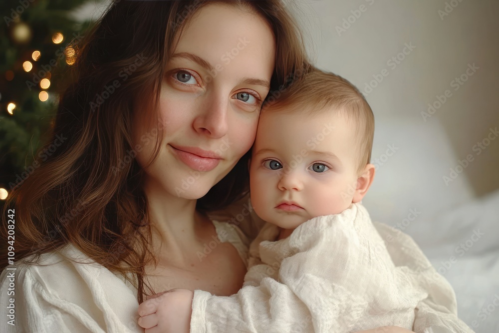happy caucasian woman with a baby at home before christmas. festive lifgts on tree on background happy caucasian woman with a baby at home before christmas. festive lifgts on tree on background