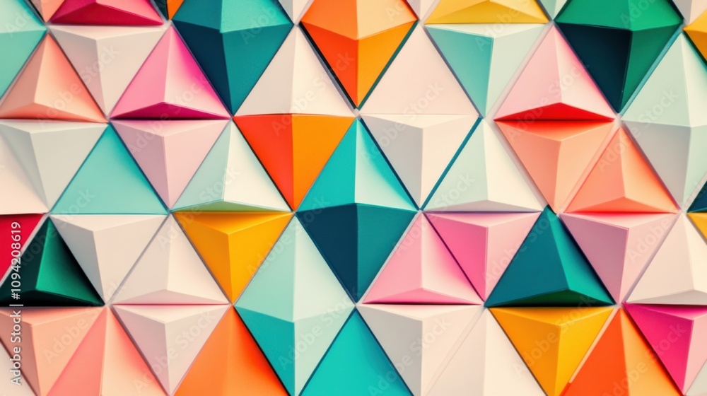 Fototapeta premium A pattern of overlapping, multicolored triangles forming a cohesive geometric design, symbolizing the strength and support of an inclusive structure