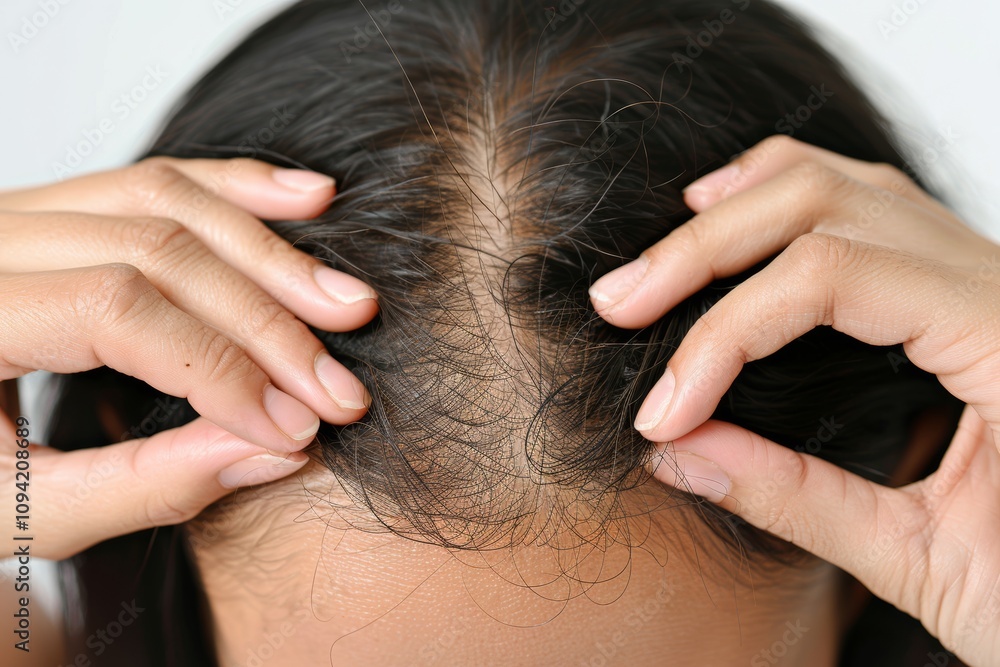 Fototapeta premium Concerned Woman Showing Hair Loss, Thinning Hair On Scalp, Alopecia Concept, White Background