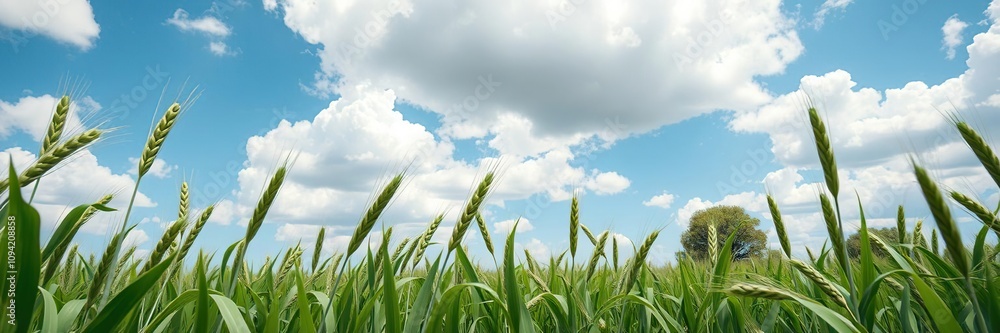 Obraz premium Green wheat plants swaying gently in the wind under a vast blue cloudy sky with a few trees scattered throughout, serene view, farm scene, agricultural land