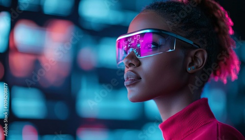 Innovative woman wearing futuristic glasses, reflecting a vibrant digital environment and advanced tech concepts.