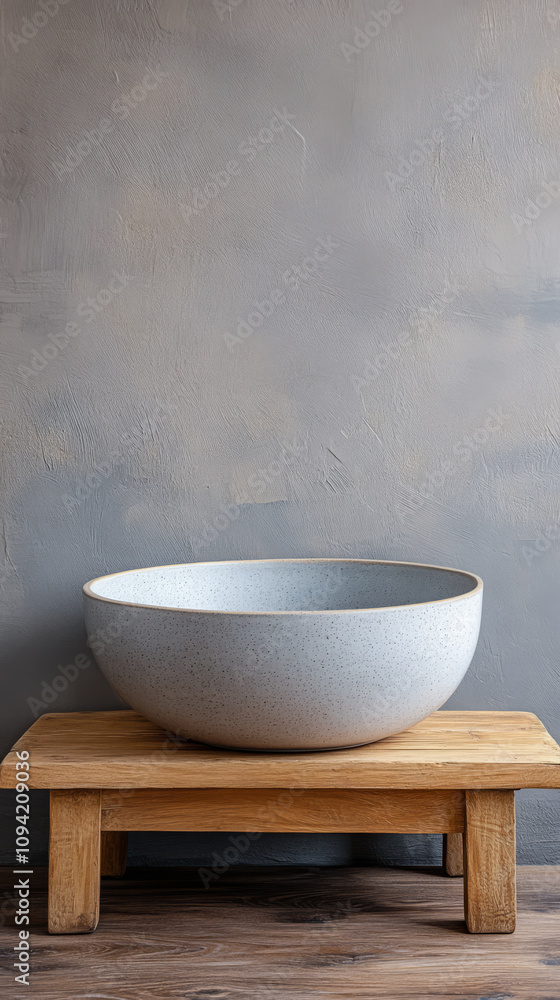 Elegant round stone basin placed on a wooden stand against a textured gray wall Elegant round stone basin placed on a wooden stand against a textured gray wall