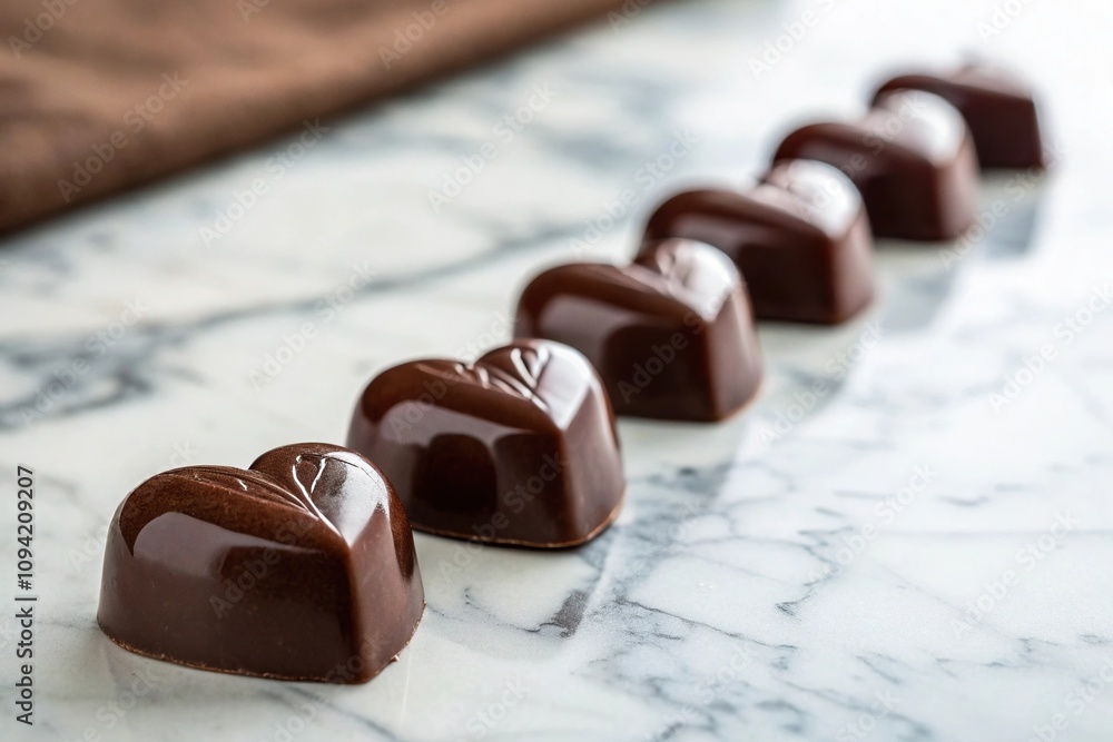Handmade chocolate heart candies on a marble surface with a soft focus effect, food styling, still life photography, heart shaped sweets, dessert photography Handmade chocolate heart candies on a marble surface with a soft focus effect, food styling, still life photography, heart shaped sweets, dessert photography