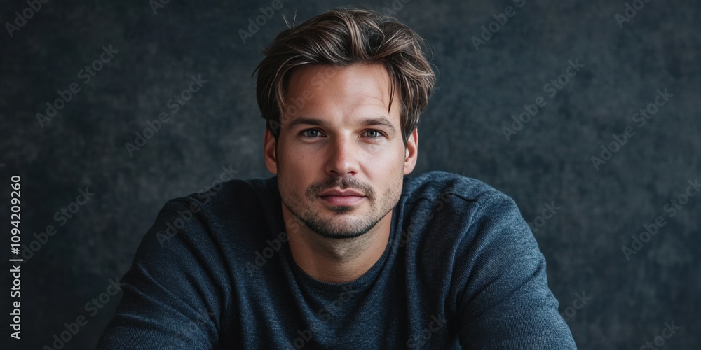 Confident Young Man in Casual Sweater Posing Against Dark Background Confident Young Man in Casual Sweater Posing Against Dark Background