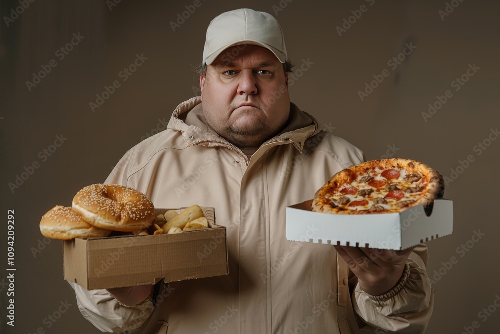 Unhealthy Lifestyle. Overweight Man Holding Boxes of Unhealthy Food Choices Like Pizza and Bagels. Unhealthy Lifestyle. Overweight Man Holding Boxes of Unhealthy Food Choices Like Pizza and Bagels.