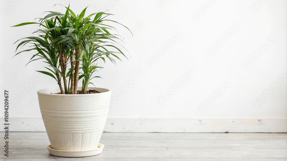Fototapeta premium High-rise plant pot on plain white background, vertical gardening, decorative pot, minimalist style, indoor greenery, large planters