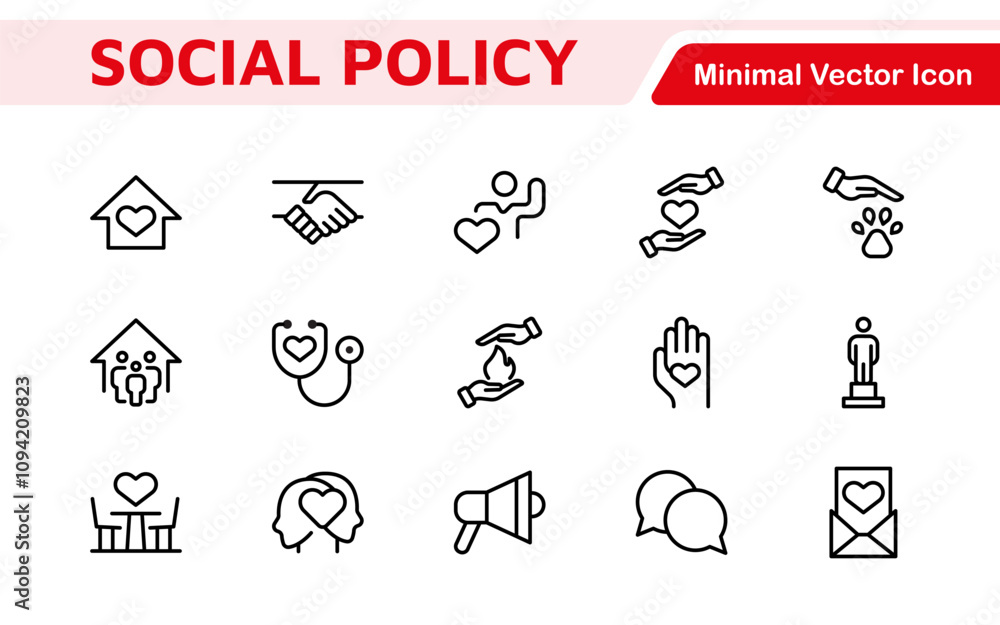 Set of Social Policy and Insuranceline icons. Outline icon collection related to education, insurance, law, goverment and more. Set of Social Policy and Insuranceline icons. Outline icon collection related to education, insurance, law, goverment and more.