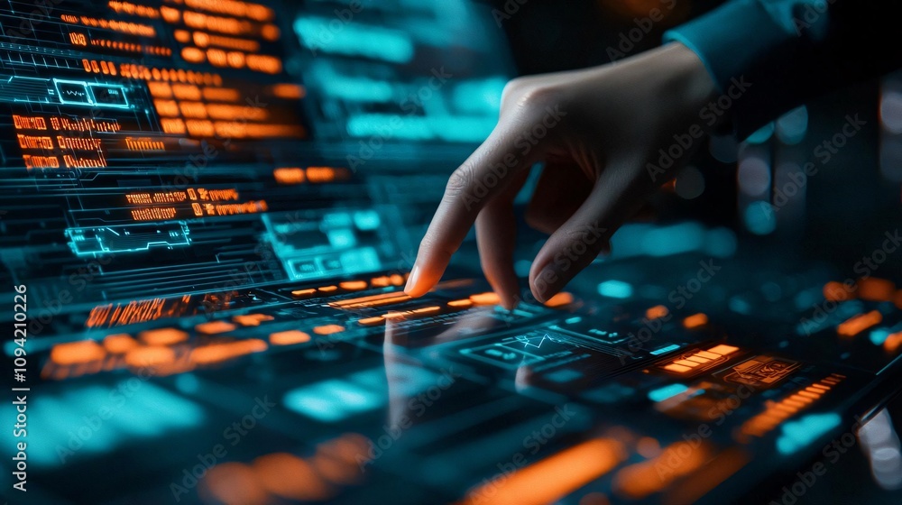A futuristic interface with glowing buttons and a hand interacting with digital data displays. A futuristic interface with glowing buttons and a hand interacting with digital data displays.