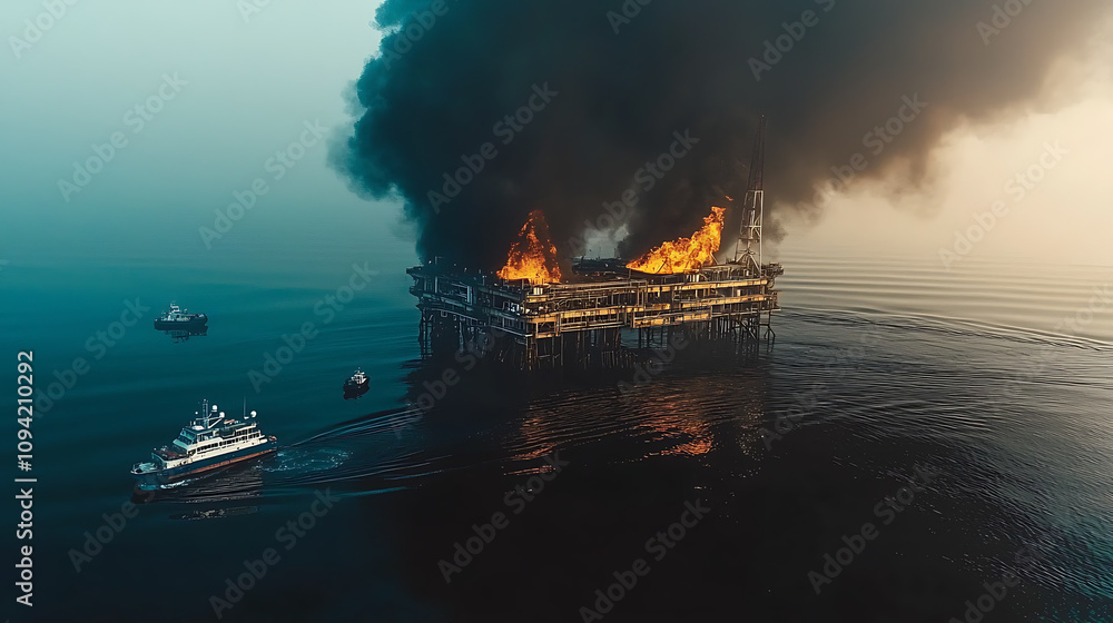 Fototapeta premium Oil Rig Fire Causes Pollution Crisis for Aquatic Animals in Ocean Environment Aerial View Environmental Disaster
