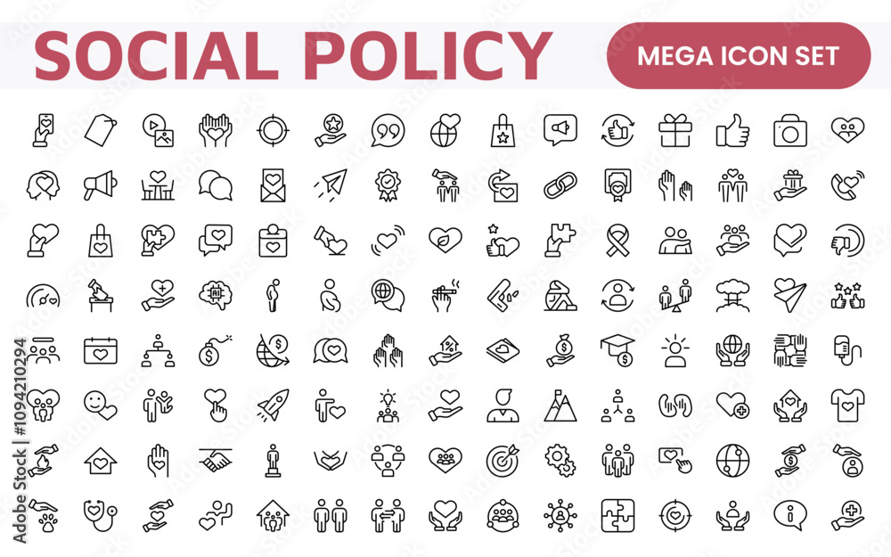 Set of Social Policy and Insuranceline icons. Outline icon collection related to education, insurance, law, goverment and more. Set of Social Policy and Insuranceline icons. Outline icon collection related to education, insurance, law, goverment and more.